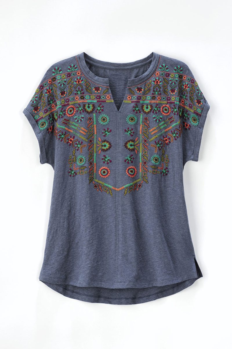 embroidered split neck slub tee ranch blue 0 27267 40223