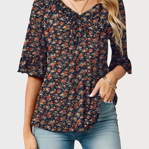 floral wrinkle v neck flare blouse 16632 1